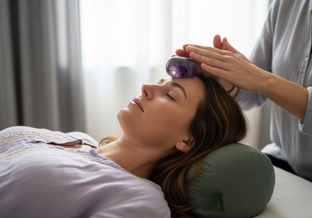 A peaceful woman lies on a table with an amethyst crystal placed on her forehead during a holistic healing session. this image represents alternative medicine and spiritual wellness.の素材