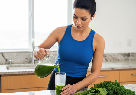 Young athletic woman pouring a fresh, nutritious green smoothie or juice into a glass on a kitchen counter, emphasizing fitness and healthy nutrition.の素材
