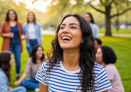 Close up portrait of a cheerful young woman with dark wavy hair laughing heartily outdoors in a green park setting. ideal for themes of friendship, joy, and community.の素材