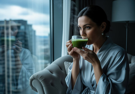 Elegant woman in a silk robe enjoys a steaming cup of green tea while looking out over the city skyline from her luxury apartment. this conveys relaxation and high end wellness.の素材