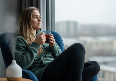 Young blonde woman enjoying a moment of self care, sitting in a comfortable chair with a steaming cup of tea while looking out at the urban landscape.の素材