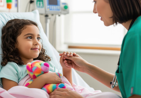 A compassionate female nurse holds the hand of a happy young girl patient lying in a hospital bed with her colorful teddy bear. this depicts pediatric care and recovery.の素材