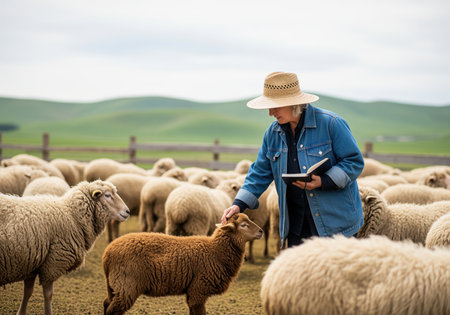 Female farmer inspecting her livestock, showing dedication and care while interacting with a brown sheep in the pasture.の素材