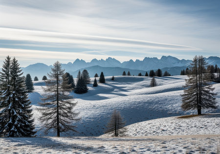 A beautiful, serene winter landscape featuring rolling snow covered hills dotted with evergreen trees, set against a backdrop of towering, hazy mountain peaks under a bright sky.の素材
