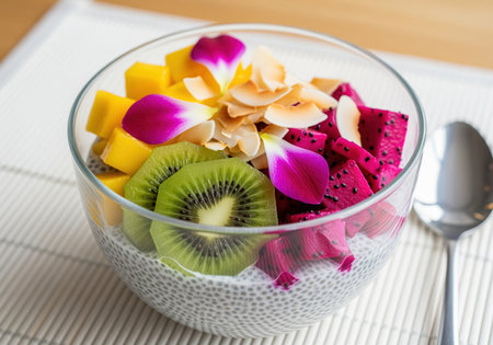 Close up of a healthy chia seed pudding served in a glass bowl, generously topped with fresh mango, kiwi slices, vibrant dragon fruit, and toasted coconut flakes.の素材