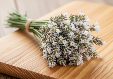 A small, carefully arranged bouquet of white lavender flowers tied with natural jute twine. this delicate bundle symbolizes purity and is often used for relaxation, spa treatments, or home decor.の素材