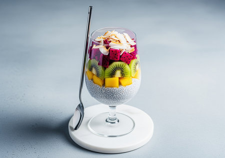 Healthy layered chia seed pudding served in a stemmed glass, featuring colorful layers of kiwi, mango, and dragon fruit, topped with coconut flakes.の素材