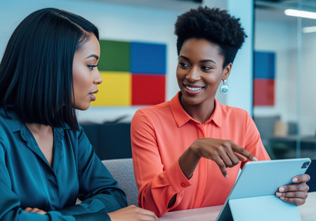 Two confident african american female professionals are collaborating on a project, reviewing data on a digital tablet during a meeting in a modern office.の素材