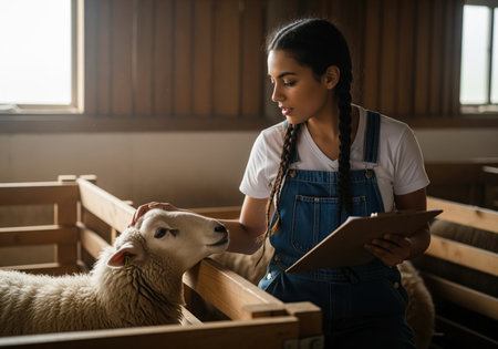 A dedicated young female farmer in overalls gently pets a sheep in a wooden pen while reviewing notes on a clipboard. this image represents modern agriculture and animal welfare.の素材