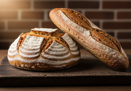 A beautiful composition of a round, scored sourdough boule dusted with flour and a long, crusty baguette, presented on a dark wooden board. perfect for food blogs or bakery promotions.の素材