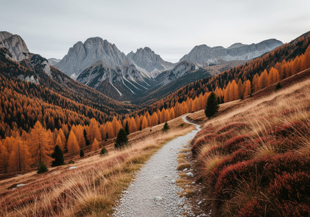 A winding gravel path traverses steep slopes covered in golden autumn foliage and dry grasses, leading toward rugged, majestic mountain peaks. this scene evokes adventure and tranquility.の素材