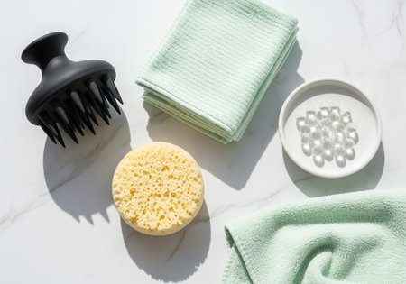 A top down view of beauty and self care products arranged on a bright surface. items include a black silicone scalp massager, a natural sponge, clear bath beads, and soft mint green towels, suggesting a relaxing spa or hygiene routine.の素材