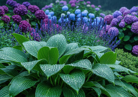 Close up view of large, ribbed green leaves, likely hosta, heavily beaded with rain droplets. the background features blurred purple and blue hydrangeas, creating a lush, vibrant, and tranquil summer garden atmosphere.の素材
