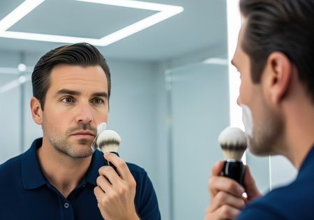 A handsome man applies shaving lather to his cheek using a traditional brush, concentrating on his reflection during his daily grooming routine.の素材