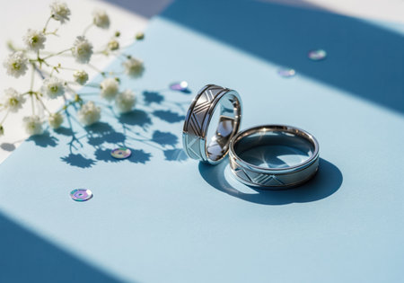 Two elegant silver wedding bands featuring modern geometric patterns rest on a light blue surface, accented by delicate white flowers and dramatic shadows.の素材