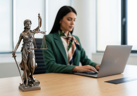 Bronze lady justice statuette prominently displayed on a professional office desk, representing the concepts of law, fairness, and judicial authority.の素材