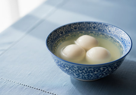 Three white tangyuan, traditional chinese sticky rice dumplings, float in sweet soup inside a blue and white patterned ceramic bowl. this dessert is often eaten during festivals.の素材