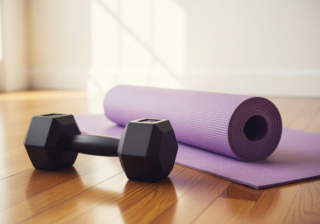 A close up view of a black hexagonal dumbbell resting on a partially rolled purple yoga mat on a polished wooden floor. this setup suggests a dedicated space for strength training and stretching at home.の素材