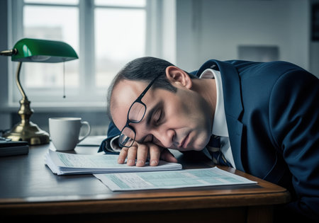 A tired professional man in a suit is slumped over his office desk, asleep on a pile of documents, indicating extreme fatigue and burnout from overwork.の素材