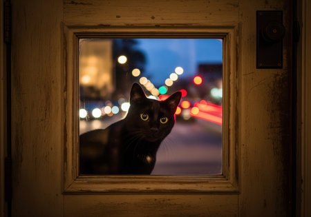 A beautiful black cat peers intently through the glass pane of a rustic wooden door, observing the blurry, colorful bokeh of the city street at night.の素材