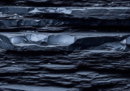 Detailed texture of dense, horizontal layers of dark black slate rock strata featuring jagged, fractured surfaces and deep shadows. perfect for geological backgrounds.の素材