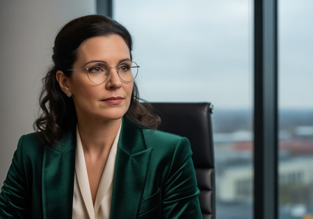 Confident businesswoman wearing a stylish emerald velvet blazer and glasses sits in a modern office, looking thoughtful and determined. this image conveys leadership, success, and corporate professionalism.の素材