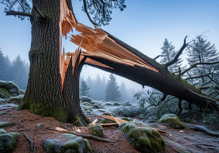 A massive tree trunk is violently broken and splintered, lying on the mossy forest floor after a severe storm. it illustrates the destructive power of nature and environmental damage.の素材