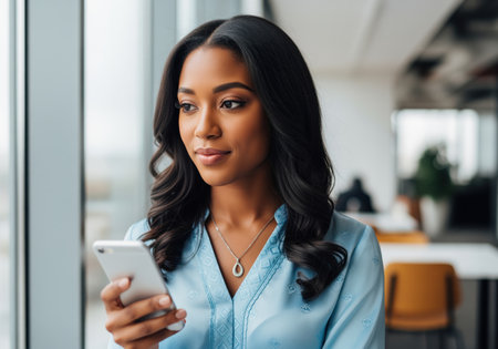 A confident young black professional woman stands near a window in a modern office, focused on her smartphone. ideal for themes of communication, business, and technology.の素材
