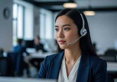 Young asian woman wearing a headset provides dedicated customer support in a modern corporate office setting. ideal for themes of communication, helpdesk, and business.の素材