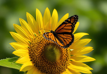A vibrant orange and black monarch butterfly rests on the textured center of a large, bright yellow sunflower under natural sunlight. this macro shot highlights summer ecology.の素材