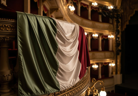 A close up view of the italian flag made of luxurious silk fabric, elegantly draped over an ornate, gilded theater balcony railing. this scene evokes patriotism, culture, and history.の素材
