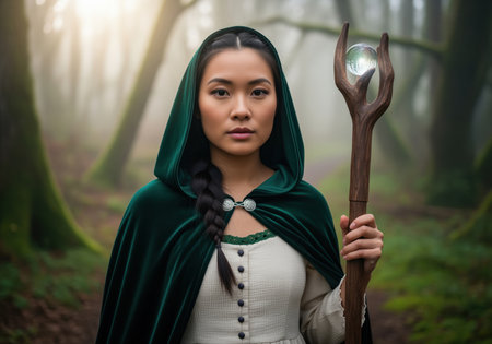 Portrait of a young asian woman wearing a hooded green velvet cloak, embodying a powerful fantasy character holding a glowing magic staff.の素材