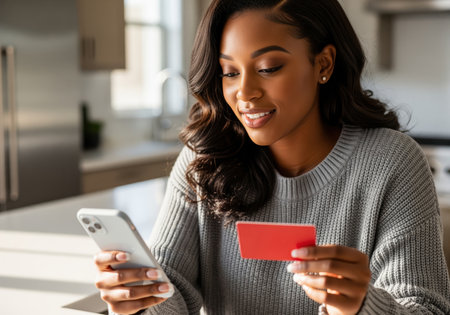 A happy african american woman uses her mobile phone to complete an online purchase while holding a red credit card, symbolizing modern e commerce and financial technology.の素材