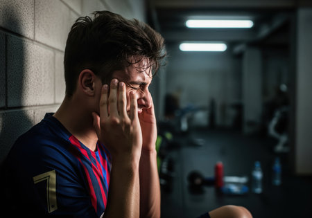 A young male athlete, wearing a sports jersey, sits distressed against a wall, holding his head in pain or exhaustion after intense training. this image captures the mental and physical toll of competitive sports.の素材