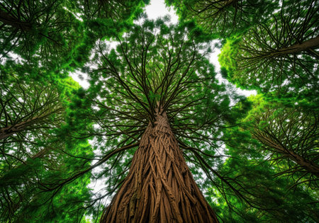 A dramatic low angle perspective looking straight up the massive, textured trunk of a giant tree into the lush, dense green foliage above.の素材