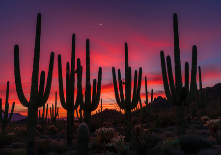 Towering saguaro cacti create striking silhouettes against a vibrant desert sunset sky, featuring intense reds and purples, evoking the majestic beauty of the arid landscape at dusk.の素材
