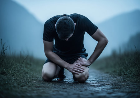 A male runner kneels on a damp, foggy trail, clutching his knee in pain, symbolizing injury, exhaustion, or the need for recovery during intense exercise.の素材