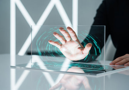 A person uses their hand to interact with a futuristic transparent screen displaying glowing digital patterns, symbolizing biometric security and advanced technology access.の素材