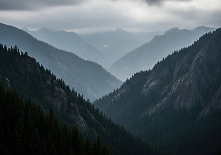 A sweeping view of steep, forested mountain slopes descending into a misty valley, characterized by deep blue and gray atmospheric layers. this moody landscape evokes wilderness and isolation.の素材