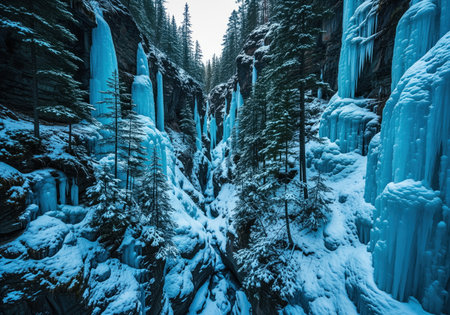 Towering columns of brilliant blue frozen waterfalls dominate this narrow, snow covered canyon landscape. the dramatic scene captures the extreme cold and rugged beauty of winter wilderness.の素材