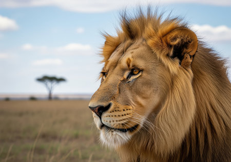 A detailed profile portrait captures the intense gaze and impressive golden mane of a majestic male lion standing in the african savanna.の素材