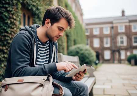 A focused young male student sits on a wooden bench in a university courtyard, engrossed in reading or working on his digital tablet.の素材