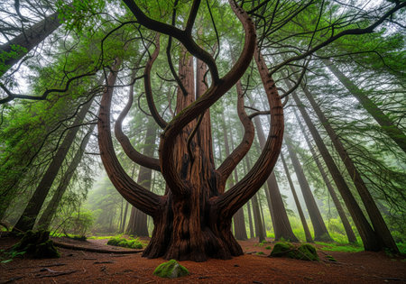 A low angle view captures the immense scale of an ancient redwood tree, showcasing its thick, dramatically curved branches reaching into the foggy canopy of the lush forest.の素材