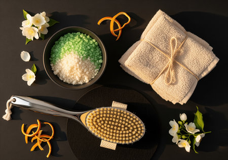 A flat lay arrangement of natural spa and self care products, featuring a dry body brush, green and white bath salts, soft towels, and fragrant jasmine flowers.の素材