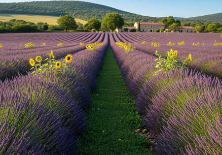 Rows of fragrant purple lavender and sunny yellow sunflowers create a stunning agricultural landscape leading to a traditional stone farmhouse.の素材