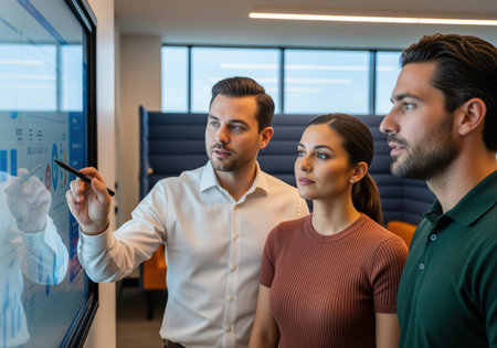 Three focused business professionals, two men and one woman, analyze charts and data displayed on a large interactive screen during a modern office meeting.の素材