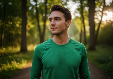Portrait of a handsome young man wearing a green athletic shirt, standing on a forest path during golden hour. he looks content and healthy, suggesting wellness and outdoor fitness.の素材