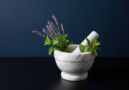A classic white marble mortar and pestle holds fresh sprigs of lavender and mint, symbolizing natural medicine, herbalism, and aromatherapy preparation.の素材