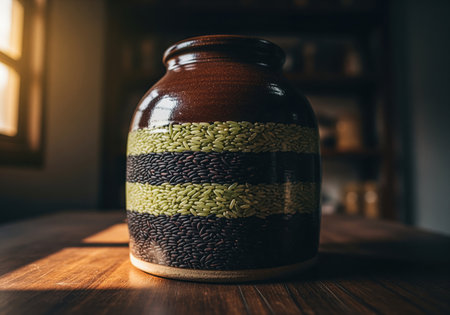 Rustic brown ceramic jar featuring decorative horizontal stripes made from layered green and dark rice grains, illuminated by sunlight on a wooden table.の素材