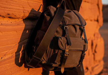 Close up shot of a durable, dark canvas rucksack featuring black leather straps and brass buckles, ideal for hiking, camping, or rugged outdoor travel.の素材